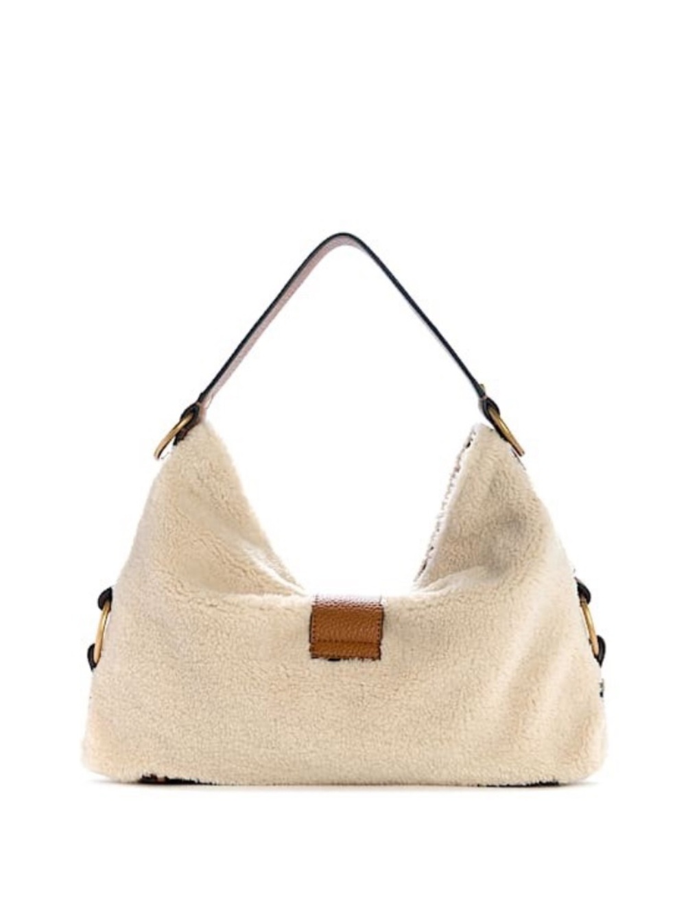 GUESS Camden Faux Shearling Shoulder Bag In Beige With Brown Faux Leather Trim - Picture 4 of 5